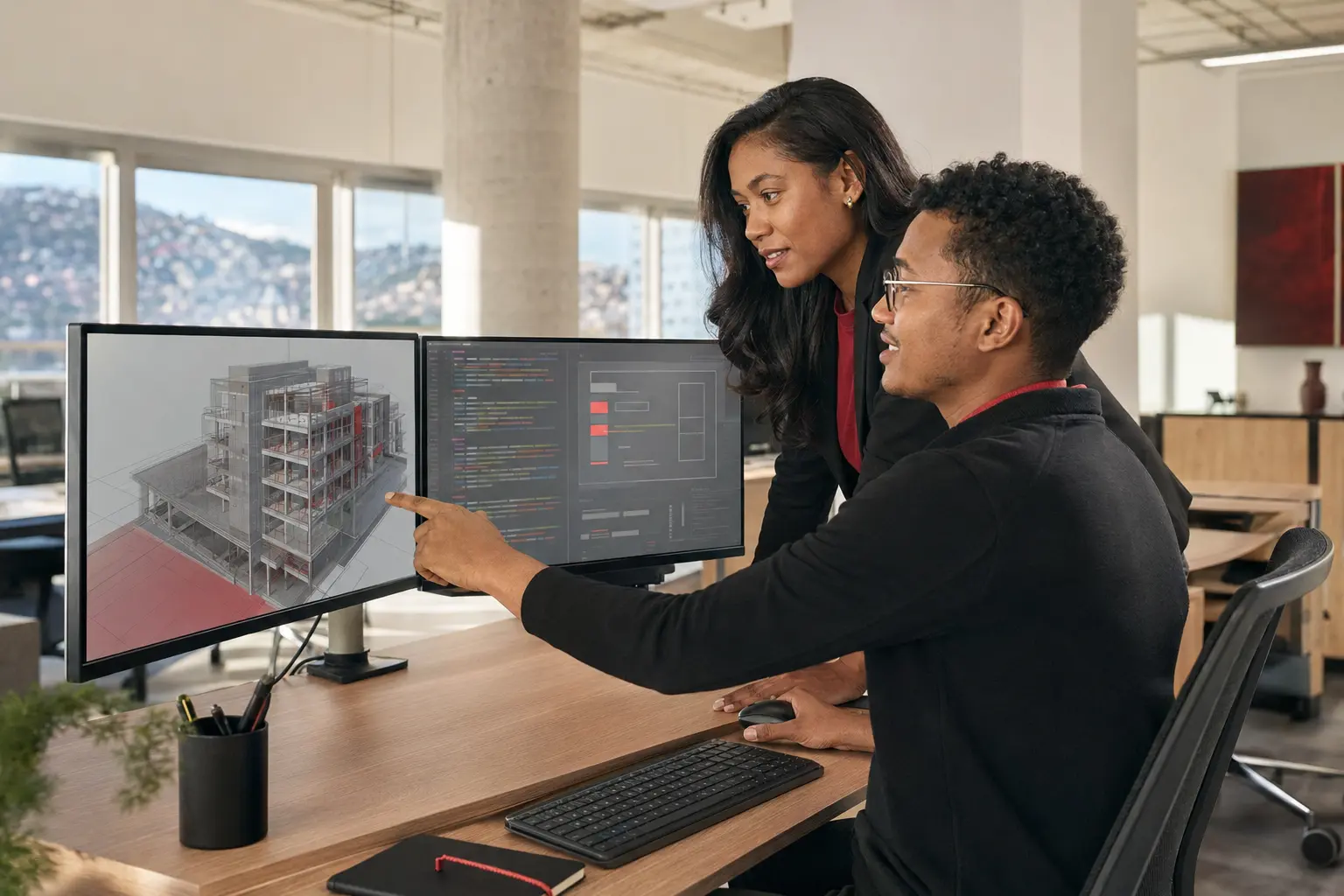 Une équipe technique travaillant sur des plans BIM